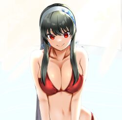 Rule 34 | 1girl, bare shoulders, bikini, black hair, breasts, cleavage, closed mouth, collarbone, earrings, hair down, hairband, highres, jewelry, large breasts, long hair, looking at viewer, mitsugu, navel, red bikini, red eyes, sidelocks, smile, solo, spy x family, stomach, straight hair, swimsuit, upper body, very long hair, white background, yor briar