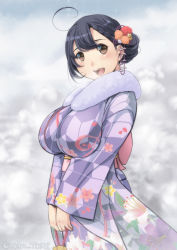 Rule 34 | 10s, 1girl, :d, ahoge, alternate costume, alternate hairstyle, black hair, blush, breasts, brown eyes, floral print, furisode, hair ornament, hair up, japanese clothes, kantai collection, kantori, kanzashi, kimono, large breasts, looking at viewer, obi, open mouth, sash, smile, solo, standing, twitter username, ushio (kancolle), v arms
