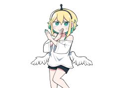 Rule 34 | 1girl, amano pikamee, black hairband, black shorts, blonde hair, bright pupils, colored inner hair, commentary request, covering own mouth, crossed arms, datenshi-chan (nanawo akari), feathered wings, green eyes, green hair, green nails, hair between eyes, hairband, hand over own mouth, hands up, highres, littleredborb, looking at viewer, low wings, multicolored hair, off-shoulder shirt, off shoulder, shirt, short hair, shorts, simple background, smile, straight-on, two-tone hair, v-shaped eyebrows, virtual youtuber, voms, white background, white pupils, white shirt, wide sleeves, wings