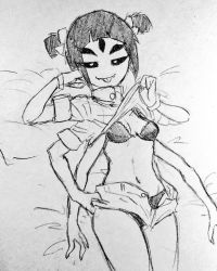 Rule 34 | 1girl, bra, breasts, cleavage, extra arms, extra eyes, fangs, arthropod girl, monochrome, monster girl, muffet, shirt, shorts, spider girl, undertale, underwear, undressing
