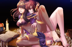Rule 34 | 1boy, 1girl, barefoot, biting own lip, book, breasts, candle, cleavage, clothed female nude male, clothed sex, feet, fire emblem, happy sex, hetero, highres, hmage, jewelry, nail polish, nintendo, nude, pelvic curtain, penis, purple eyes, see-through, sex, tharja (fire emblem), toe ring, toenail polish, toenails, toes, uncensored