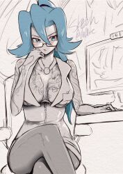 Rule 34 | 1girl, blue eyes, blue hair, blush, breast tattoo, breasts, clair (pokemon), cleavage, closed mouth, collarbone, commentary, creatures (company), crossed legs, english commentary, eyelashes, eyeshadow, formal, game freak, glasses, hair between eyes, high ponytail, highres, large breasts, looking at viewer, makeup, monitor, nintendo, office lady, on chair, pink eyeshadow, pink lips, pokemon, pokemon hgss, sitting, sketch, solo, suit, tattoo, vialnite, zipper, zipper pull tab