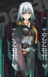 Rule 34 | 1girl, black gloves, blue eyes, blush, breasts, cloak, collarbone, gloves, grey hair, gun, hair between eyes, highres, holding, holding gun, holding weapon, impossible clothes, indy k, long hair, looking at viewer, medium breasts, original, see-through, spandex, standing, weapon