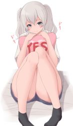 Rule 34 | 88942731ne, alternate costume, black legwear, blue eyes, blue shorts, holding, holding pillow, kantai collection, kashima (kancolle), knees up, looking at viewer, hugging object, one-hour drawing challenge, pillow, pillow hug, shirt, shorts, silver hair, sitting, smile, solo, thighs, twintails, white background, white shirt, yes-no pillow