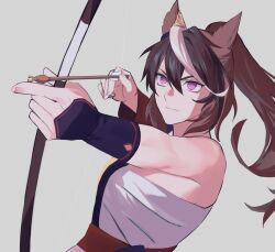 Rule 34 | 1girl, animal ears, arrow (projectile), bow (weapon), breasts, brown hair, chest sarashi, closed mouth, drawing bow, gloves, grey background, hadanugi dousa, hair between eyes, holding, holding bow (weapon), holding weapon, horse ears, korean commentary, long hair, multicolored hair, open kimono, outstretched arm, pink eyes, ponytail, sarashi, simple background, single bare shoulder, single glove, small breasts, solo, streaked hair, symboli rudolf (archer of the white moon) (umamusume), symboli rudolf (umamusume), ukka (0ukka ), umamusume, upper body, v-shaped eyebrows, weapon