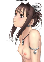 Rule 34 | 1girl, blush, breasts, brown eyes, brown hair, earrings, flat chest, goth fashion, hair intakes, hair ornament, hairclip, jewelry, necklace, nipples, nude, ryu (ryu&#039;s form site), short hair, simple background, small breasts, solo, white background