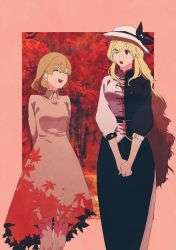 Rule 34 | 2girls, absurdres, aki shizuha, arms behind back, autumn leaves, black bow, black ribbon, blonde hair, bow, buttons, closed eyes, collared dress, commentary request, dress, facing another, hair between eyes, hat, hat bow, hat ribbon, highres, irohasu (sasagarasu), leaf print, long hair, looking at another, multiple girls, open mouth, ribbon, short hair, touhou, trait connection, very long hair, watatsuki no toyohime, white hat, yellow eyes