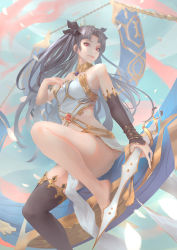 Rule 34 | 1girl, arm warmers, barefoot, cglas, confetti, fate/grand order, fate (series), feet, grey hair, ishtar (fate), ishtar (fate), knife, long hair, looking at viewer, midriff, outdoors, red eyes, single thighhigh, sitting, solo, thighhighs, tohsaka rin