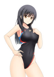 Rule 34 | 1girl, arena (company), black hair, black one-piece swimsuit, brown eyes, competition swimsuit, contrapposto, covered navel, cowboy shot, fuuma nagi, long hair, looking at viewer, one-piece swimsuit, original, simple background, solo, standing, swimsuit, white background