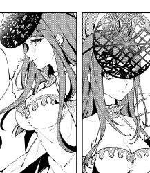 Rule 34 | 1girl, bare shoulders, blush, breasts, cleavage, dress, earrings, elbow gloves, expressionless, fascinator, fire emblem, fire emblem engage, gloves, greyscale, highres, illust mi, ivy (fire emblem), jewelry, large breasts, long hair, looking at viewer, mole, mole under mouth, monochrome, nintendo, smile, solo, upper body