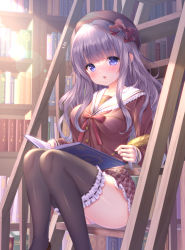 Rule 34 | 1girl, beret, black thighhighs, blue eyes, book, bookshelf, bow, breasts, brown bow, brown hat, brown shirt, brown skirt, commentary request, dengeki moeou, feet out of frame, frilled sailor collar, frilled skirt, frills, hair bow, hat, highres, holding, ladder, looking at viewer, medium breasts, notice lines, on ladder, open book, original, panties, parted lips, plaid, plaid skirt, pleated skirt, purple hair, quill, ribbon-trimmed legwear, ribbon trim, sailor collar, scan, school uniform, see-through, shirt, sitting, skirt, solo, thighhighs, underwear, white panties, white sailor collar, yuyuko (yuyucocco)
