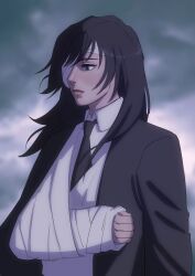 Rule 34 | 1girl, bandaged arm, bandages, black hair, black suit, blue eyes, cast, chainsaw man, cloud, cloudy sky, collared shirt, formal, high collar, highres, himeno (chainsaw man), injury, long hair, long sleeves, looking down, moon (mewnbyul), shirt, sky, solo focus, suit, upper body, white shirt