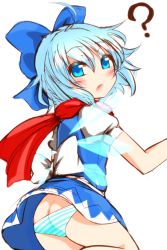 Rule 34 | 1girl, ?, ahoge, ass, blue dress, blue eyes, blue hair, blue skirt, blush, bow, butt crack, cirno, clueless, dress, female focus, hair bow, highres, ice, ice wings, looking at viewer, looking back, lowleg, lowleg panties, matching hair/eyes, open mouth, panties, pantyshot, puffy sleeves, roki (hirokix), sash, scarf, shirt, short hair, simple background, sketch, skirt, solo, standing, striped clothes, striped panties, touhou, underwear, upskirt, white background, wings