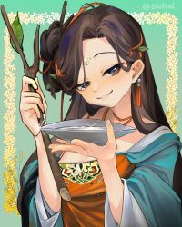 Rule 34 | 1girl, absurdres, alcohol, black eyes, black hair, bowl, branch, dress, facial mark, forehead mark, green background, green sleeves, grin, hair bun, hair ornament, hands up, highres, holding, holding bowl, holding branch, huadian, jiu niangzi, leaf hair ornament, liquor, long hair, red dress, reverse:1999, single side bun, smile, solo, tassel, tassel hair ornament, upper body, user pjxy7448