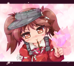 Rule 34 | 10s, 1girl, bad id, bad pixiv id, blush, brown eyes, brown hair, food, heart, heart-shaped pupils, kantai collection, letterboxed, looking at viewer, mouth hold, pocky, ryuujou (kancolle), short hair, smile, solo, symbol-shaped pupils, twintails, visor cap, zipang (zip@ng works)