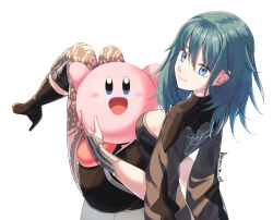 Rule 34 | 1boy, 1girl, armor, artist name, ass, blue eyes, blue hair, bodice, boots, breasts, brown pantyhose, bustier, byleth (female) (fire emblem), byleth (fire emblem), coat, colored skin, fire emblem, fire emblem: three houses, floral print, hair between eyes, high heel boots, high heels, highres, kirby, kirby (series), knee pads, large breasts, pantyhose under shorts, medium hair, nintendo, pantyhose, pantyhose under shorts, patterned legwear, pink skin, revvie, shorts, shoulder armor, sideboob, simple background, single knee pad, super smash bros., waist cape, white background