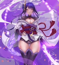 Rule 34 | 1girl, absurdres, braid, breasts, bridal gauntlets, cherry blossoms, cleavage, commentary, cowboy shot, electricity, english commentary, expressionless, flower, genshin impact, gloves, hand on own hip, highres, japanese clothes, kimono, large breasts, long hair, long sleeves, looking at viewer, low-braided long hair, low-tied long hair, mitsudomoe (shape), musou isshin (genshin impact), obi, obiage, obijime, purple eyes, purple flower, purple gloves, purple hair, purple kimono, purple nails, raiden shogun, sash, skindentation, smurtz, solo, thighhighs, tomoe (symbol), very long hair, wide sleeves