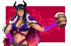 Rule 34 | 1girl, bikini, black hair, black horns, blunt bangs, commentary, cup, ellie mehl, english commentary, gloves, hand on own hip, highres, holding, holding cup, horns, light smile, long hair, nico robin, one piece, orange-tinted eyewear, purple gloves, solo, sunglasses, swimsuit, tinted eyewear