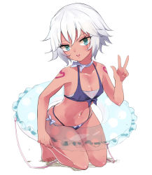 Rule 34 | 1girl, bare shoulders, bikini, blue bikini, blue eyes, blush, bow, breasts, collarbone, commentary request, fate/apocrypha, fate (series), hair between eyes, heart, highres, holding, holding swim ring, innertube, jack the ripper (fate/apocrypha), kneeling, looking at viewer, navel, scar, scar across eye, scar on face, short hair, shoulder tattoo, slit pupils, small breasts, solo, swim ring, swimsuit, tan, tattoo, v, w, white-aster, white bow, white hair