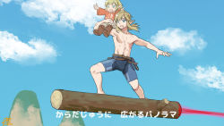 Rule 34 | 2boys, :d, belt, bike shorts, blonde hair, blue eyes, carrying, commentary, day, dragon ball, dragonball z, father and son, flying, link, log, long hair, male focus, monbetsu kuniharu, multiple boys, nintendo, open mouth, outdoors, parody, scar, topless male, shoulder carry, sky, smile, subtitled, tao pai pai, the legend of zelda, the legend of zelda: breath of the wild, translated