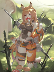 Rule 34 | 114514, 1girl, absurdres, animal ears, arknights, axe, bare shoulders, barefoot, belt pouch, blonde hair, breasts, ceobe (arknights), ceobe (summer flowers) (arknights), chain, commentary, dark souls (series), dog ears, dog girl, dog tail, food in mouth, grass, hair between eyes, hand up, highres, holding, holding mushroom, kneeling, lock, long hair, manatsu no yo no inmu, multiple swords, mushroom, official alternate costume, padlock, planted, planted sword, planted weapon, pouch, red eyes, solo, sword, symbol-only commentary, tail, torn clothes, very long hair, weapon, weapon on back, zombie ke