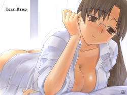 Rule 34 | 1girl, ass, bed, breasts, brown eyes, brown hair, butt crack, cleavage, dress shirt, glasses, hoshina tomoko, large breasts, long hair, looking at viewer, lying, on stomach, open clothes, open shirt, panties, shirt, sleeves rolled up, smile, solo, to heart, to heart (series), tsuina, underwear, white panties