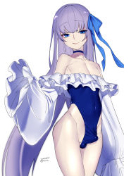 Rule 34 | 1boy, absurdres, androgynous, bare shoulders, blue eyes, blue one-piece swimsuit, blue ribbon, bulge, choker, closed mouth, collarbone, commentary request, covered navel, cowboy shot, crossdressing, dated, erection, erection under clothes, fate/grand order, fate (series), genderswap, genderswap (ftm), hair ribbon, highres, licking lips, long hair, looking at viewer, male focus, meltryllis, meltryllis (fate), meltryllis (swimsuit lancer) (fate), meltryllis (swimsuit lancer) (second ascension) (fate), one-piece swimsuit, purple hair, ribbon, simple background, sleeves past fingers, sleeves past wrists, solo, swimsuit, tawapo, tongue, tongue out, trap, very long hair, white background