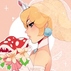 Rule 34 | 1girl, artist name, bare shoulders, blush, bouquet, bridal veil, brooch, closed mouth, commentary, detached collar, earrings, expressionless, eyelashes, flower, from side, half-closed eyes, holding, holding bouquet, holly, jewelry, lips, long hair, looking away, mario (series), nintendo, open mouth, pink lips, piranha plant, ponytail, princess peach, princess peach (wedding), profile, rasbii (rasberruu), see-through, sharp teeth, sparkle, strapless, super mario odyssey, teeth, tiara, veil