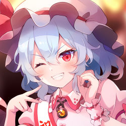 Rule 34 | 1girl, 60mai, bat wings, blue hair, blurry, blurry background, blush, buttons, closed mouth, collared dress, commentary request, dress, fang, fingernails, frills, gem, hair between eyes, hands up, hat, hat ribbon, jewelry, long fingernails, looking at viewer, lowres, mob cap, nail polish, one eye closed, pink dress, pink hat, pink nails, pointing, puffy short sleeves, puffy sleeves, red eyes, red ribbon, remilia scarlet, ribbon, short hair, short sleeves, smile, solo, teeth, touhou, upper body, v-shaped eyebrows, wings, wrist cuffs, yellow gemstone