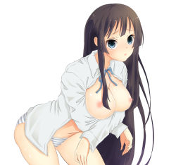 Rule 34 | 1girl, akiyama mio, bare legs, breasts, breasts out, framed breasts, k-on!, leaning forward, looking at viewer, neneo, open clothes, open shirt, panties, shirt, standing, striped clothes, striped panties, unbuttoned, underwear
