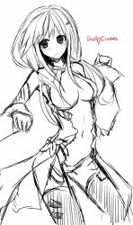 Rule 34 | 10s, 1girl, bare shoulders, breasts, center opening, cleavage, detached sleeves, fingerless gloves, gloves, greyscale, guilty crown, hair ornament, hairclip, kirisui, long hair, monochrome, navel, open mouth, solo, suisui (hakkindou), thighhighs, twintails, yuzuriha inori