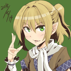 Rule 34 | 1girl, blonde hair, blush, eyebrows, green background, green eyes, highres, mizuhashi parsee, parted lips, pointy ears, ponytail, raised eyebrows, scarf, solo, the maa, touhou, upper body