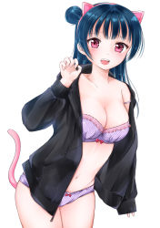 Rule 34 | 1girl, :d, absurdres, animal ears, black jacket, blue hair, blunt bangs, blush, bow, bow bra, bow panties, bra, breasts, cat ears, cat tail, cleavage, collarbone, dark blue hair, hair bun, headband, highres, jacket, lavender bra, lavender panties, long hair, looking at viewer, love live!, love live! sunshine!!, medium breasts, navel, open mouth, panties, paw pose, pink bow, purple panties, red eyes, ribbon-trimmed bra, rin5325, side bun, simple background, single side bun, smile, solo, strap slip, striped bra, striped clothes, striped panties, tail, teeth, thighs, tsushima yoshiko, underwear, upper teeth only, vertical-striped bra, vertical-striped clothes, vertical-striped panties, white background, | |