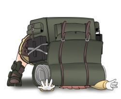Rule 34 | 1girl, ammunition box, backpack, bag, brown hair, buckle, chibi, cjrb1228, exoskeleton, gloves, head on ground, hood, hoodie, jack-o&#039; challenge, last origin, outstretched arms, shadow, silky (last origin), simple background, solo, top-down bottom-up, white background, white gloves, yellow hoodie