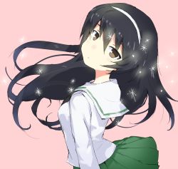 Rule 34 | 10s, 1girl, black hair, blouse, brown eyes, closed mouth, from side, gedou (ge ge gedou), girls und panzer, green skirt, hairband, head tilt, light frown, long hair, long sleeves, looking at viewer, looking back, ooarai school uniform, pink background, pleated skirt, reizei mako, school uniform, serafuku, shirt, simple background, skirt, solo, sparkle, standing, upper body, white hairband, white shirt