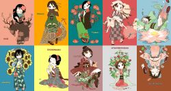 Rule 34 | 6+girls, black hair, black hat, boots, braid, camellia, capelet, card, cat, checkered clothes, checkered kimono, chinese lantern (plant), covered mouth, cross-laced footwear, flower, forget-me-not (flower), hair ornament, hat, head tilt, higashi (azm), highres, holding, holding card, holding umbrella, in tree, interlocked fingers, japanese clothes, kimono, kneehighs, lace-up boots, lolita fashion, lotus, mini hat, mini top hat, multiple girls, obi, original, own hands together, parasol, plantar flexion, plum blossoms, rabbit, sandals, sash, scarf, short hair, sitting, socks, standing, sunflower, tabi, top hat, tree, twin braids, umbrella, unworn hair ornament, unworn sandals, wa lolita, white legwear