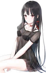 Rule 34 | 1girl, bad id, bad pixiv id, black bra, black hair, bra, breasts, brown eyes, choker, closed mouth, collarbone, commentary, emyo, long hair, looking at viewer, no panties, original, red ribbon, ribbon, ribbon choker, see-through, shirt, short hair, simple background, sitting, small breasts, smile, solo, underwear, white background