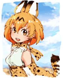 Rule 34 | 10s, 1girl, :d, animal ears, bad id, bad pixiv id, bangbaek, bare shoulders, blue sky, bow, bowtie, day, extra ears, hair between eyes, high-waist skirt, kemono friends, looking at viewer, open mouth, orange eyes, orange hair, outdoors, outline, round teeth, serval (kemono friends), serval print, serval tail, shirt, short hair, skirt, sky, smile, solo, striped tail, tail, tail raised, teeth, upper body, white outline, white shirt