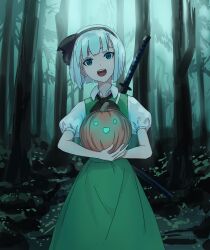 Rule 34 | 1girl, :d, absurdres, black hairband, black ribbon, blue eyes, collared shirt, cowboy shot, dress, food, forest, green dress, hairband, highres, holding, holding food, holding pumpkin, holding vegetable, jack-o&#039;-lantern, konpaku youmu, looking at viewer, nature, neck ribbon, open mouth, outdoors, puffy short sleeves, puffy sleeves, pumpkin, ribbon, round teeth, sheath, sheathed, shirt, short hair, short sleeves, smile, solo, sword, teeth, touhou, upper teeth only, vegetable, weapon, weapon on back, white hair, white shirt, wuschelminityp