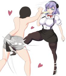 Rule 34 | 1boy, 1girl, artist request, blue eyes, breasts, crotch kick, dagashi kashi, femdom, food, food in mouth, heart, heels, highres, kicking, large breasts, leg up, legs, masochism, medium hair, pantyhose, popsicle, popsicle in mouth, purple hair, shidare hotaru, shorts, skirt, solo, suspenders, thick thighs, thighs