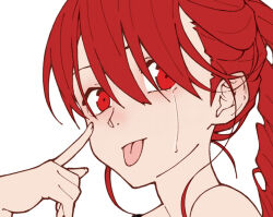 1girl akanbe crying drill_hair eyelid_pull hair_between_eyes hand_on_own_face kasane_teto looking_at_viewer portrait red_eyes red_hair side_drill simple_background solo tears tongue tongue_out utau white_background wispy_bangs yasutange