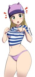 Rule 34 | 1girl, absurdres, artist name, blonde hair, blush, digimon, female focus, green eyes, hat, highres, legs, long hair, navel, open mouth, orimoto izumi, purple underwear, simple background, solo, surprised, sweatdrop, thick thighs, thighs, underwear, white background