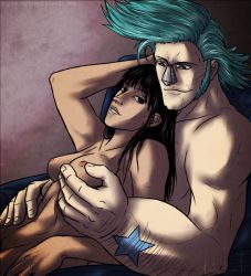 Rule 34 | 1boy, 1girl, arm hair, black hair, blue hair, breasts, chronomorphosis, franky (one piece), long hair, nico robin, nipples, nose, nude, one piece, oversized forearms, oversized limbs, pompadour, sitting, sitting on lap, sitting on person, smile, tattoo