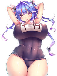 Rule 34 | 10s, 1girl, arms behind head, blue hair, blush, breasts, commentary request, curvy, covered erect nipples, gluteal fold, hair ornament, hair ribbon, highres, i-19 (kancolle), kantai collection, large breasts, long hair, name tag, navel, one-piece swimsuit, plump, red eyes, ribbon, school swimsuit, solo, star-shaped pupils, star (symbol), swimsuit, symbol-shaped pupils, taut clothes, taut swimsuit, thick thighs, thigh gap, thighs, tri tails, tsukumiya amane, white background, wide hips