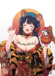 Rule 34 | 1girl, 2022, animal ears, bare shoulders, bell, blue hair, body writing, breasts, cleavage, closed eyes, dark blue hair, facial mark, facing viewer, fangs, flower, fur, fur-trimmed collar, fur trim, hair flower, hair ornament, hands up, highres, holding, idolmaster, idolmaster million live!, idolmaster million live! theater days, japanese clothes, kimono, kitakami reika, large breasts, long hair, low twintails, neck bell, nys, open mouth, paw pose, solo, tail, tiger ears, tiger tail, twintails, upper body, whisker markings, yellow eyes