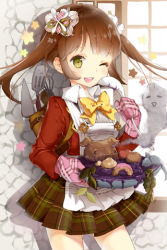 Rule 34 | 1girl, anmi, apron, bad food, brown hair, cook club katie, food, giving up the ghost, green eyes, katie (sword girls), lowres, one eye closed, poison, school uniform, skirt, solo, sword girls, twintails, wink