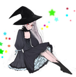 Rule 34 | bad id, bad pixiv id, blush, dress, flat chest, goth fashion, hat, long hair, mksm, pink hair, red eyes, sitting, solo, toe-point, witch, witch hat