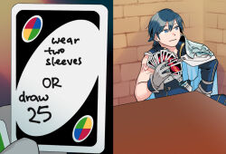 Rule 34 | 1boy, armor, blue eyes, cape, card, chrom (fire emblem), closed mouth, commentary, english commentary, english text, fire emblem, fire emblem awakening, gloves, grey gloves, holding, holding card, indoors, looking to the side, male focus, nintendo, oneroom-disco, playing card, pov, short hair, shoulder tattoo, single sleeve, solo focus, table, tattoo, uno (game), white cape