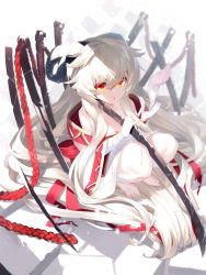 Rule 34 | 1girl, absurdly long hair, animal, bandaged arm, bandaged leg, bandages, bare shoulders, barefoot, bird, blood, blood drip, closed mouth, collarbone, commentary request, curled horns, full body, grey background, grey hair, hair between eyes, highres, horns, knees up, long hair, looking at viewer, off shoulder, original, red eyes, robe, solo, squatting, very long hair, white robe, yuuji (yukimimi)