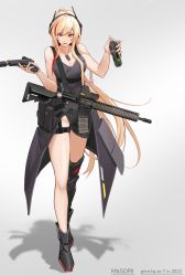Rule 34 | 1girl, absurdres, alternate costume, artist name, assault rifle, asymmetrical footwear, black dress, black footwear, blonde hair, breasts, character name, cleavage, collarbone, dated, dress, explosive, fangs, full body, girls&#039; frontline, glock, grenade, gun, handgun, headphones, highres, holding, holding gun, holding weapon, jewelry, legs, long hair, looking at viewer, m4 sopmod ii, m4 sopmod ii (girls&#039; frontline), medallion, medium breasts, multicolored hair, nail polish, necklace, open mouth, pink nails, red eyes, rifle, shadow, smile, solo, ss-7, standing, streaked hair, very long hair, weapon, white background